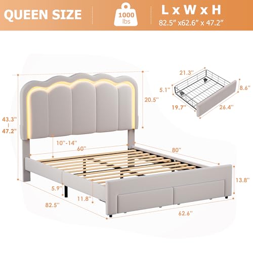 Twin Upholstered LED Bed Frame with Storage Drawer and Adjustable Chic Double Wavy Headboard, Velvet Princess Platform Bed for Kids/Girls, Solid Wood Slats Support, No Box Spring Needed, Beige - Image 38