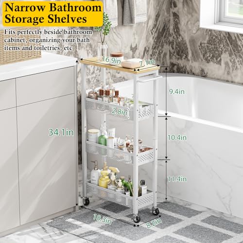 Utility Slim Storage Cart, 4 Tier Small Rolling Kitchen Laundry Room Cart with Wood Top, Metal Narrow Bathroom Storage Cabinet Mobile Shelf Unit Organizer Trolley with Handle for Narrow Space - Image 6