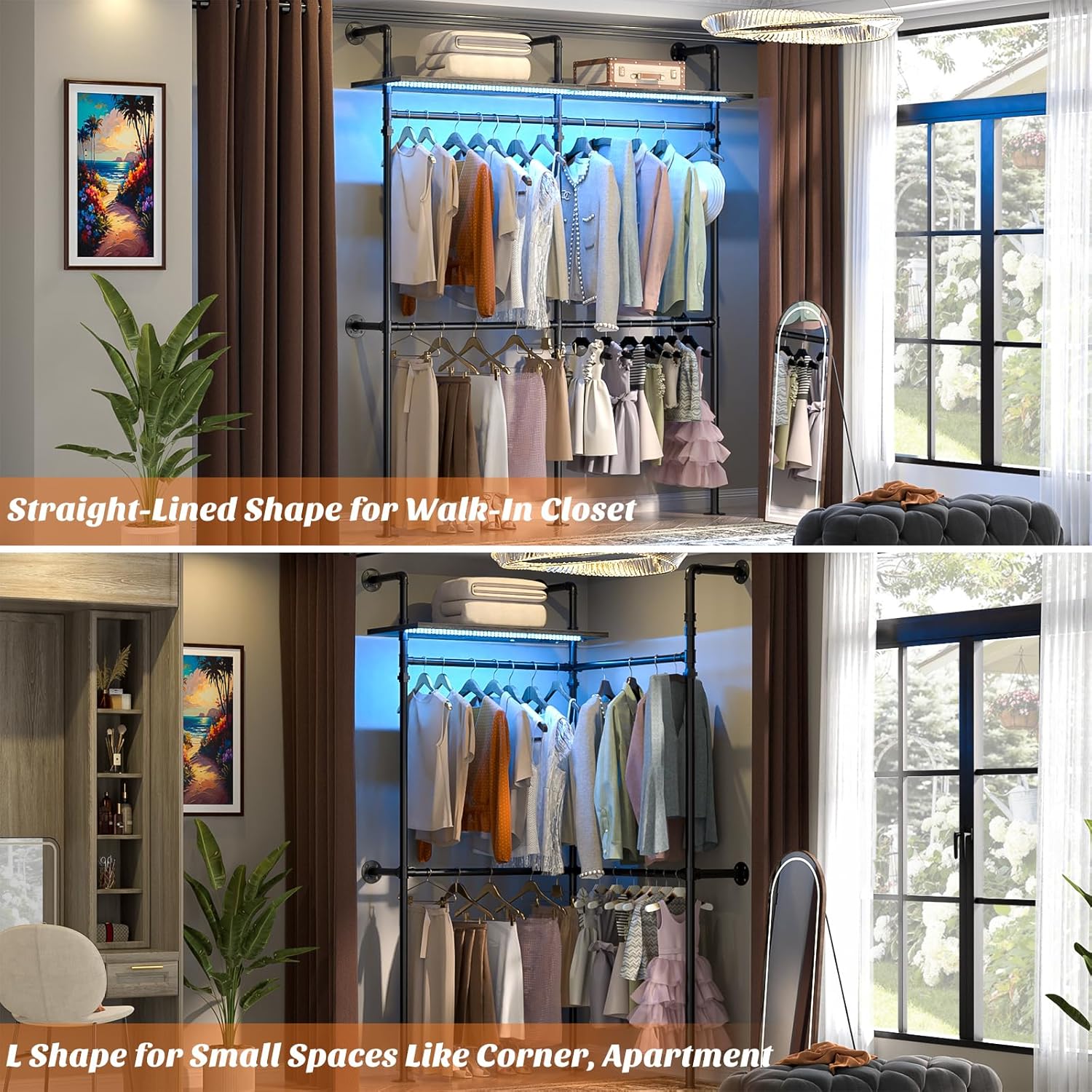 Aheaplus Industrial Pipe Clothing Rack, Reversible 79.7” Clothes Rack for Hanging Clothes, Heavy Duty Garment Racks Closet Wardrobe with LED Lights& Shelves, Walk-in Closet System, Black - Image 15