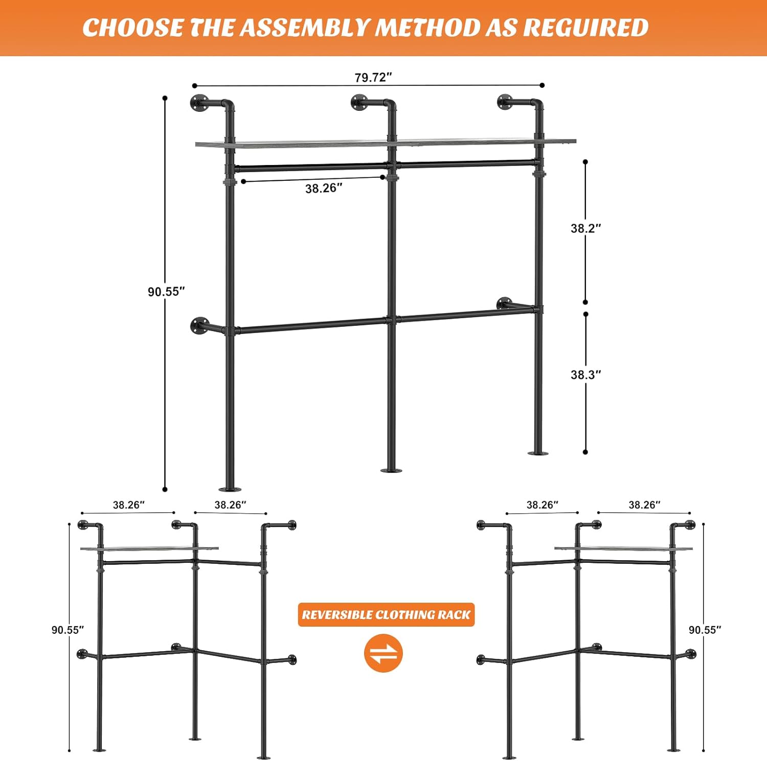 Aheaplus Industrial Pipe Clothing Rack, Reversible 79.7” Clothes Rack for Hanging Clothes, Heavy Duty Garment Racks Closet Wardrobe with LED Lights& Shelves, Walk-in Closet System, Black - Image 18