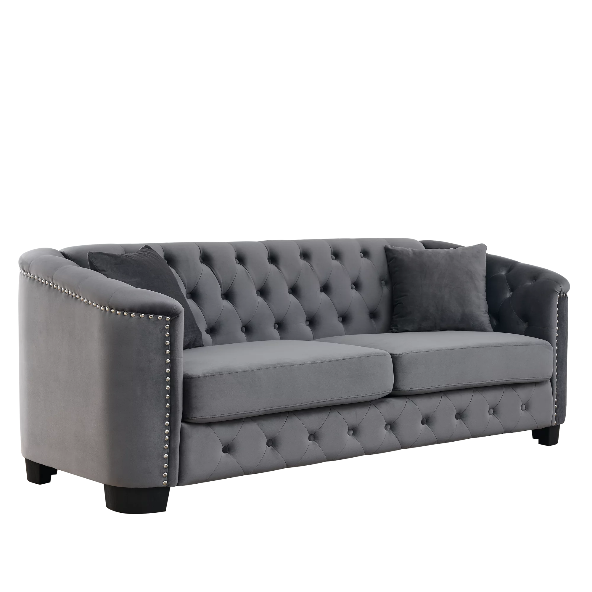 77-Inch Modern Chesterfield Velvet Sofa, 3-Seater Sofa, Upholstered Tufted Backrests with Nailhead Arms and 2 Cushions for Living Room, Bedroom, Apartment, Office (Grey) - Image 7