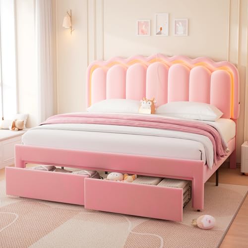 Twin Upholstered LED Bed Frame with Storage Drawer and Adjustable Chic Double Wavy Headboard, Velvet Princess Platform Bed for Kids/Girls, Solid Wood Slats Support, No Box Spring Needed, Beige - Image 32