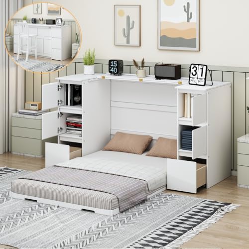 Twin Size Murphy Beds with Charging Station and Storage Drawers, Wood Cabinet Bed Frame, Wall Bed with Outlet & USB Ports for Home Office Studio, White - Image 4