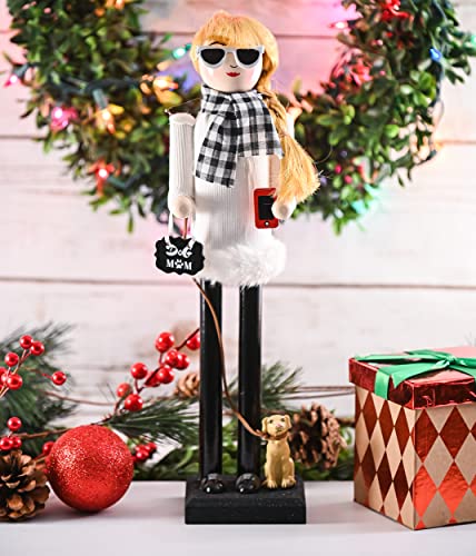 Ornativity Christmas Dog Mom Nutcracker ?C White and Black Wooden Nutcracker Woman with Dog on Leash and a Smartphone in Hand Xmas Themed Holiday Nut Cracker Doll Figure Decorations 15 - Image 3