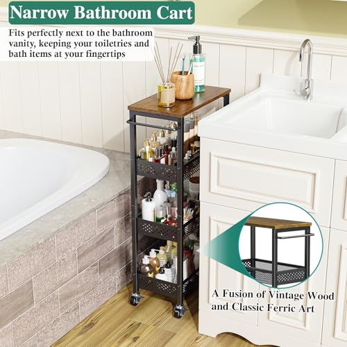 Utility Slim Storage Cart, 4 Tier Small Rolling Kitchen Laundry Room Cart with Wood Top, Metal Narrow Bathroom Storage Cabinet Mobile Shelf Unit Organizer Trolley with Handle for Narrow Space - Image 12
