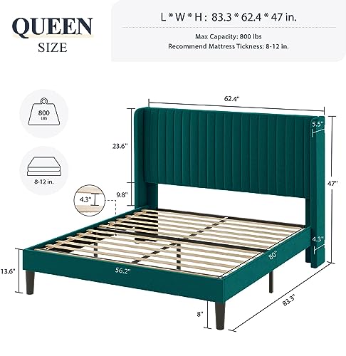 Allewie Queen Size Velvet Bed Frame/Vertical Channel Tufted Wingback Headboard/Upholstered Platform Bed/Strong Wooden Slats/No Box Spring Needed/Easy Assembly/Black - Image 80