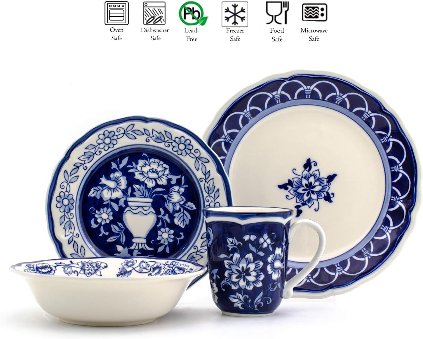 Euro Ceramica Blue Garden 16 Piece Oven Safe Hand Painted Stoneware Dinnerware Set, Service for 4, Bold Vase Design/Floral Pattern, White and blue - Image 2