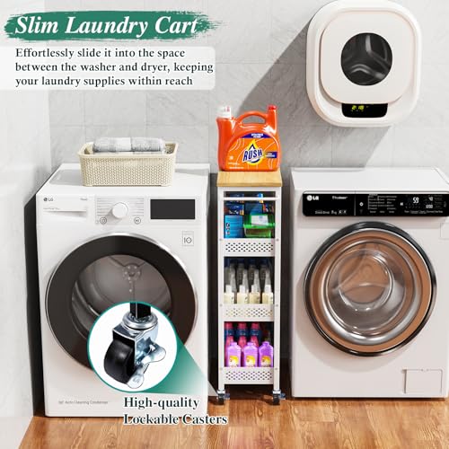 Utility Slim Storage Cart, 4 Tier Small Rolling Kitchen Laundry Room Cart with Wood Top, Metal Narrow Bathroom Storage Cabinet Mobile Shelf Unit Organizer Trolley with Handle for Narrow Space - Image 30
