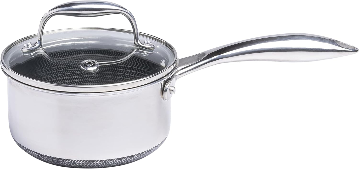 HexClad 1 Quart Hybrid Pot with Glass Lid – Non Stick Saucepan, Easy to Clean, Dishwasher & Oven Safe – Perfect for Making Sauces, Reheating Soups, Stocks, Cooking Grains