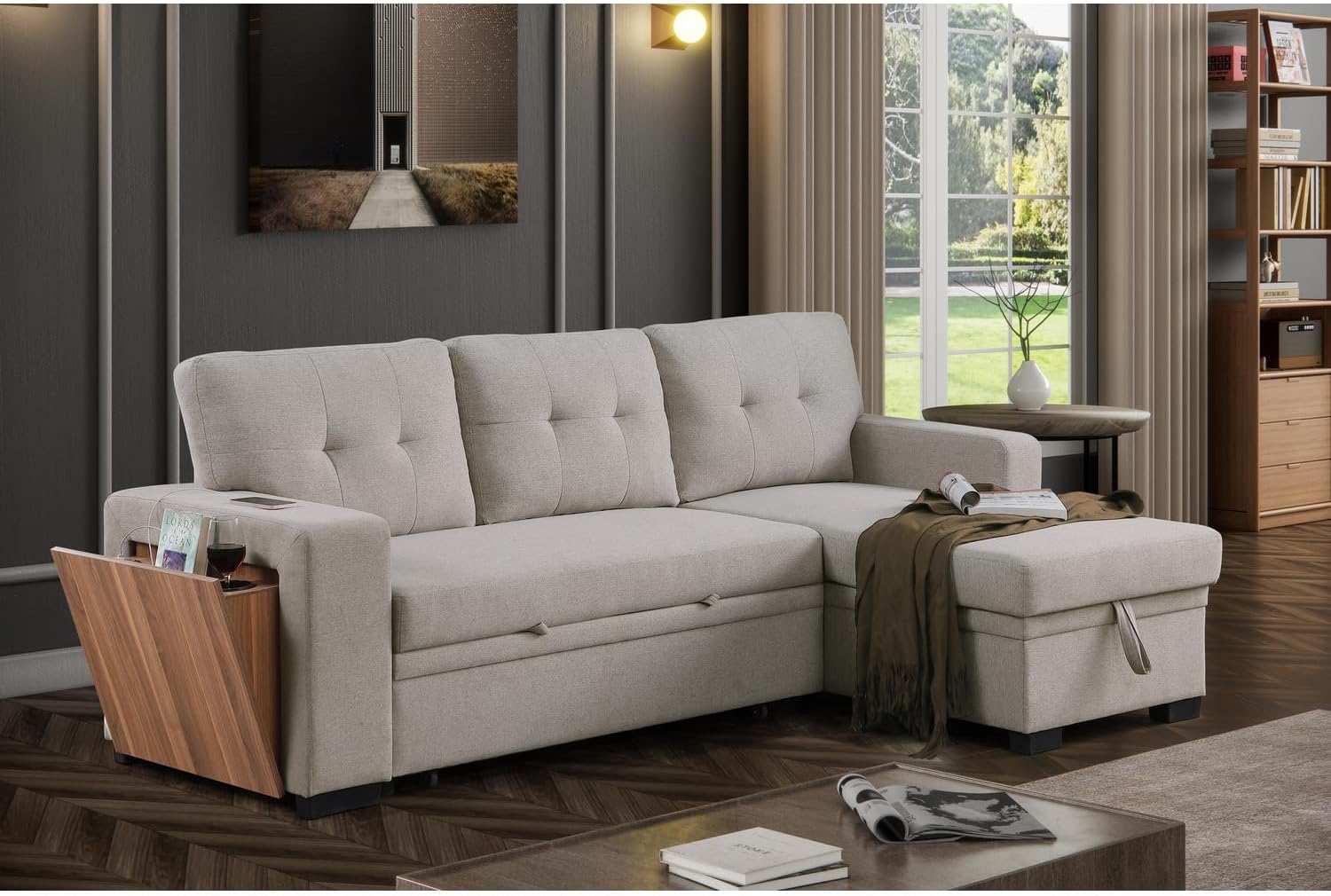 Devion Furniture 92 W Modern L-Shaped Polyester Fabric Upholstered Reversible Side Compartment Sleeper Sectional Sofa Bed with Chaise in Light Gray Finish - Image 2