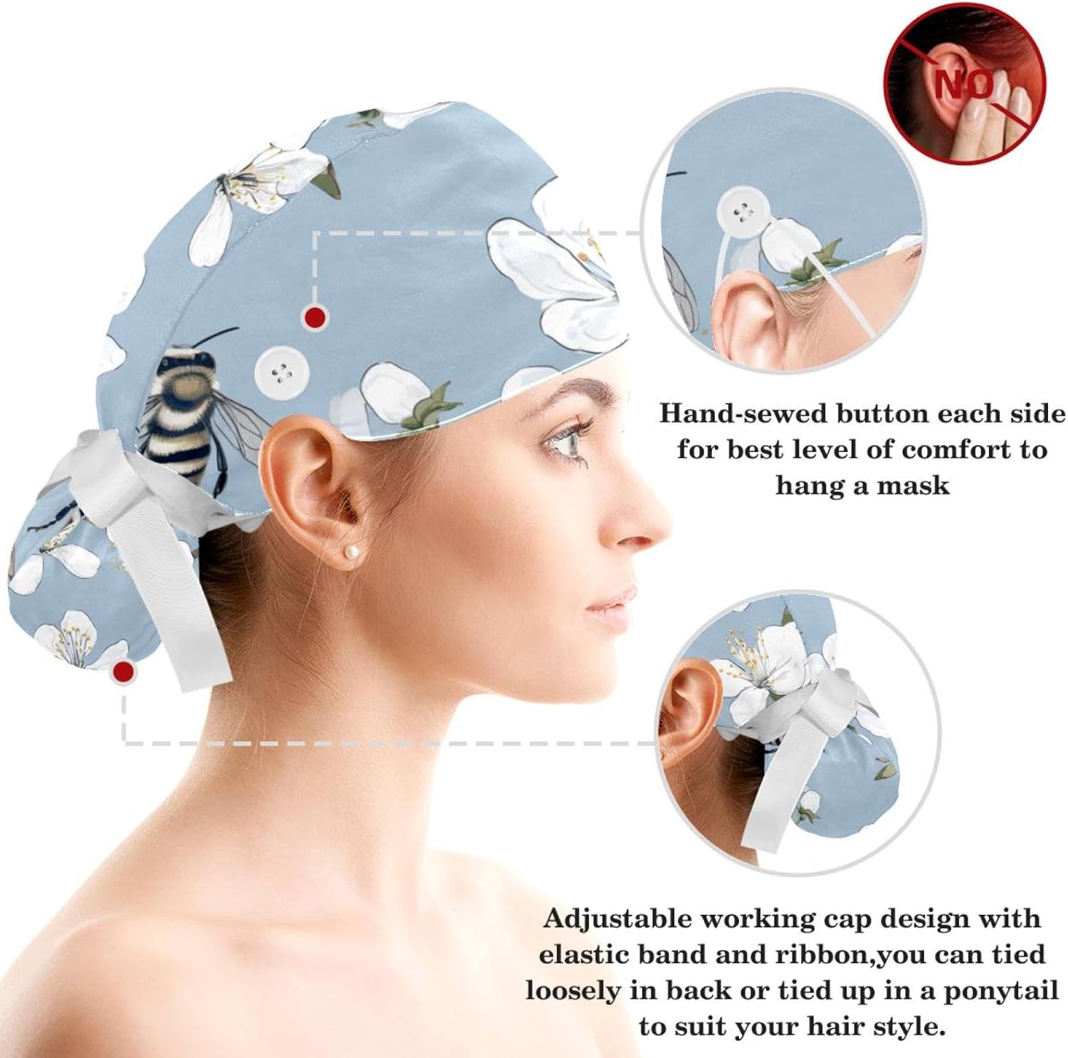 Scrub Surgical Hat,Cycling Hat with Buttons and Cotton Sweatband,Bee and Spring Blossom - Image 3