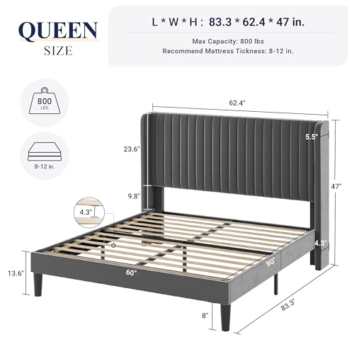 Allewie Queen Size Velvet Bed Frame/Vertical Channel Tufted Wingback Headboard/Upholstered Platform Bed/Strong Wooden Slats/No Box Spring Needed/Easy Assembly/Black - Image 62