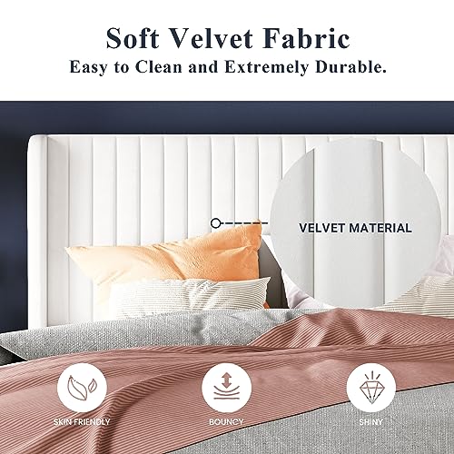Allewie Queen Size Velvet Bed Frame/Vertical Channel Tufted Wingback Headboard/Upholstered Platform Bed/Strong Wooden Slats/No Box Spring Needed/Easy Assembly/Black - Image 50