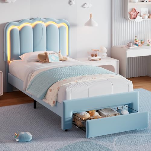 Twin Upholstered LED Bed Frame with Storage Drawer and Adjustable Chic Double Wavy Headboard, Velvet Princess Platform Bed for Kids/Girls, Solid Wood Slats Support, No Box Spring Needed, Beige - Image 46