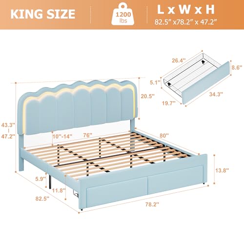 Twin Upholstered LED Bed Frame with Storage Drawer and Adjustable Chic Double Wavy Headboard, Velvet Princess Platform Bed for Kids/Girls, Solid Wood Slats Support, No Box Spring Needed, Beige - Image 11