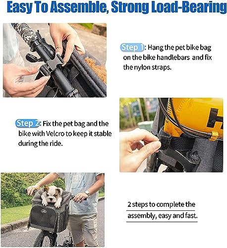 Dog Bike Basket Carrier, Pet Bicycle Front Carrier Backpack for Bike Riding Foldable Removable, Reflective Strips, 2 Side Storage Pockets, Pet Travel Bag for Cats Small Dogs - Image 8