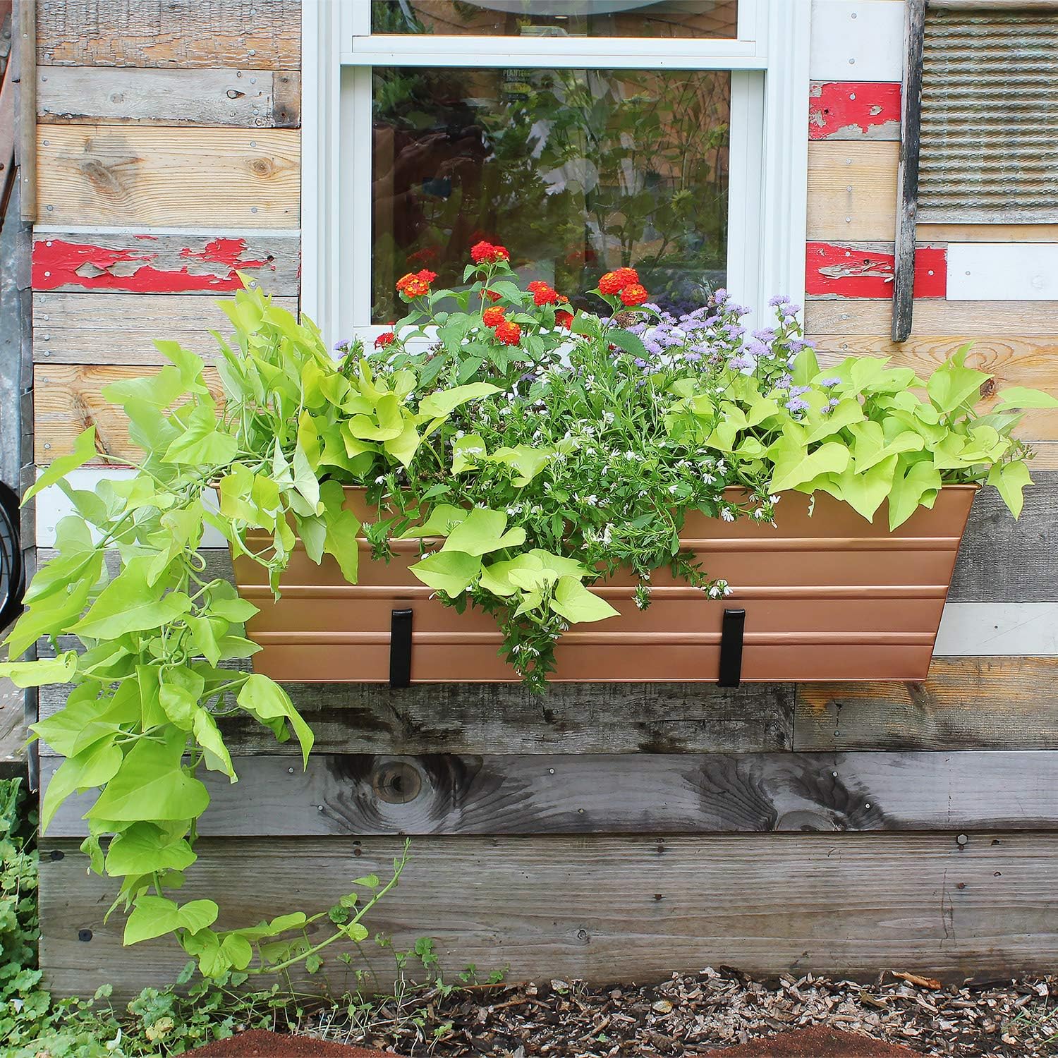 ACHLA DESIGNS Copper Plated Large Flower Box with Black Railing Clamp Brackets, 35.5 Window Box Planter - Image 3