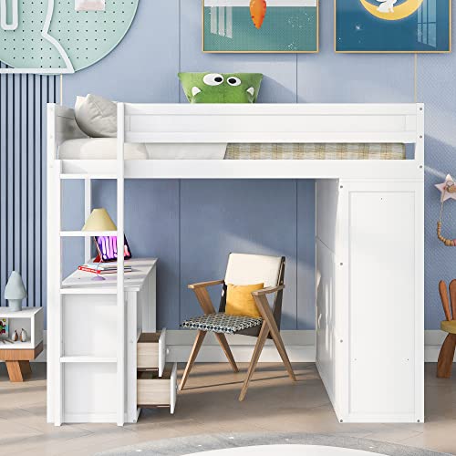 Full Size Loft Bed, Multi-Functional Solid Wood Loft Bed with Wardrobes and 2-Drawer Desk and Storage Cabinet, Modern Full Bed Frame with Built-in Ladder and Safety Guardrails,White - Image 4