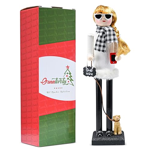 Ornativity Christmas Dog Mom Nutcracker ?C White and Black Wooden Nutcracker Woman with Dog on Leash and a Smartphone in Hand Xmas Themed Holiday Nut Cracker Doll Figure Decorations 15 - Image 2
