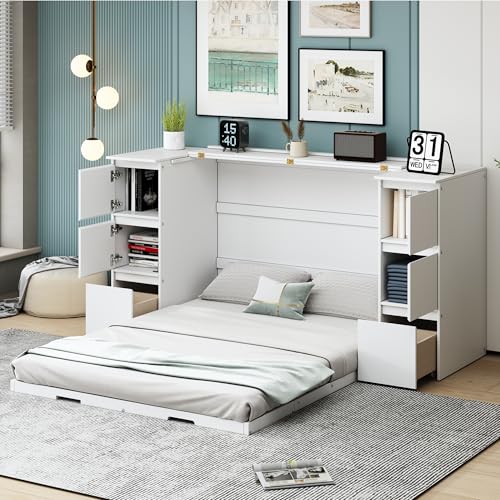 Twin Size Murphy Beds with Charging Station and Storage Drawers, Wood Cabinet Bed Frame, Wall Bed with Outlet & USB Ports for Home Office Studio, White - Image 18