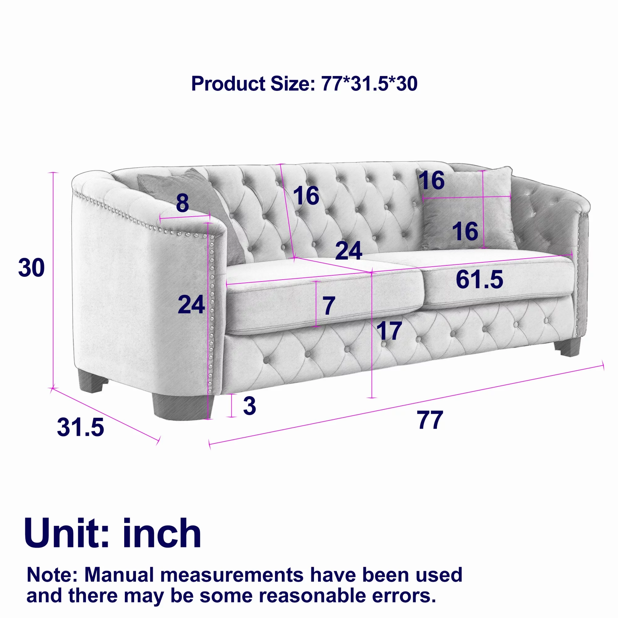 77-Inch Modern Chesterfield Velvet Sofa, 3-Seater Sofa, Upholstered Tufted Backrests with Nailhead Arms and 2 Cushions for Living Room, Bedroom, Apartment, Office (Grey) - Image 4