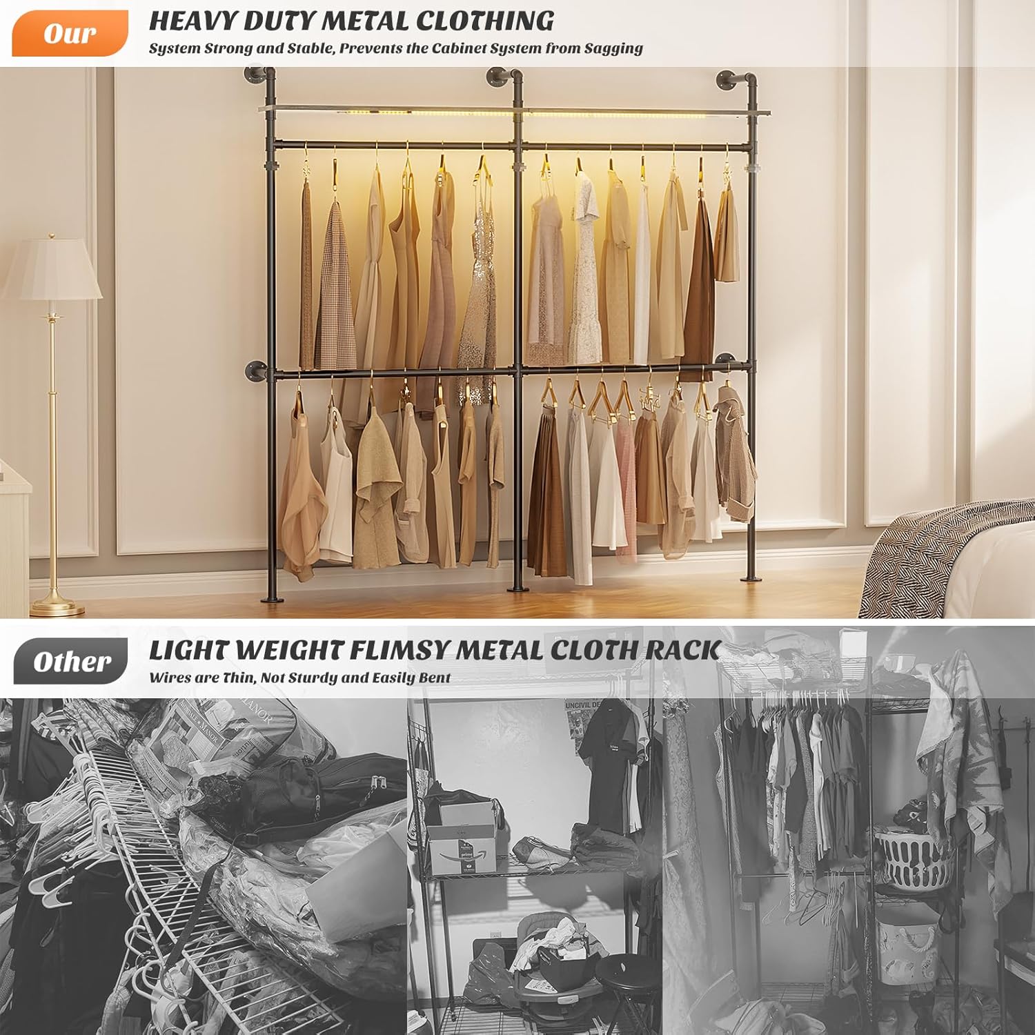 Aheaplus Industrial Pipe Clothing Rack, Reversible 79.7” Clothes Rack for Hanging Clothes, Heavy Duty Garment Racks Closet Wardrobe with LED Lights& Shelves, Walk-in Closet System, Black - Image 16