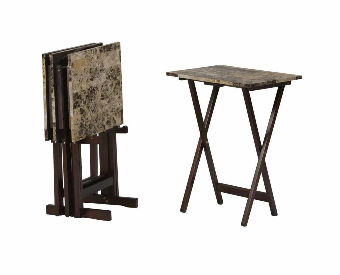 TV Tray Table 4 Piece Set with Stand – Faux Marble and Dark Brown - Image 2