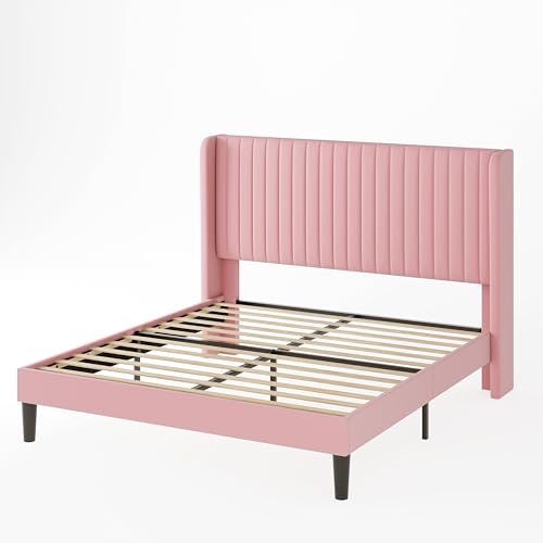 Allewie Queen Size Velvet Bed Frame/Vertical Channel Tufted Wingback Headboard/Upholstered Platform Bed/Strong Wooden Slats/No Box Spring Needed/Easy Assembly/Black - Image 46