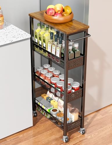 Utility Slim Storage Cart, 4 Tier Small Rolling Kitchen Laundry Room Cart with Wood Top, Metal Narrow Bathroom Storage Cabinet Mobile Shelf Unit Organizer Trolley with Handle for Narrow Space - Image 19