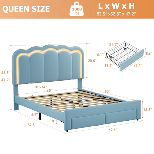 Twin Upholstered LED Bed Frame with Storage Drawer and Adjustable Chic Double Wavy Headboard, Velvet Princess Platform Bed for Kids/Girls, Solid Wood Slats Support, No Box Spring Needed, Beige - Image 60