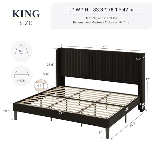 Allewie Queen Size Velvet Bed Frame/Vertical Channel Tufted Wingback Headboard/Upholstered Platform Bed/Strong Wooden Slats/No Box Spring Needed/Easy Assembly/Black - Image 83