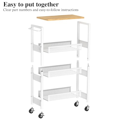 Utility Slim Storage Cart, 4 Tier Small Rolling Kitchen Laundry Room Cart with Wood Top, Metal Narrow Bathroom Storage Cabinet Mobile Shelf Unit Organizer Trolley with Handle for Narrow Space - Image 36