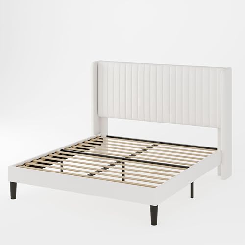 Allewie Queen Size Velvet Bed Frame/Vertical Channel Tufted Wingback Headboard/Upholstered Platform Bed/Strong Wooden Slats/No Box Spring Needed/Easy Assembly/Black - Image 53