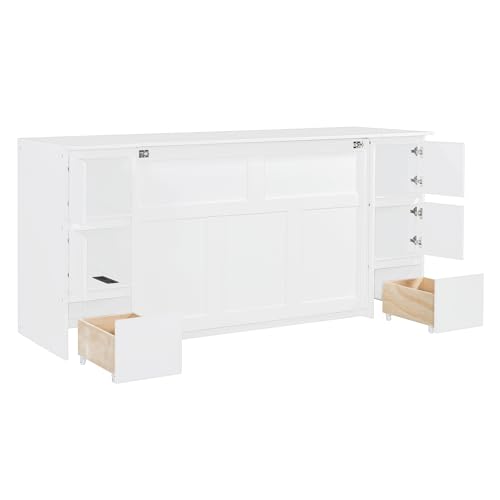 Twin Size Murphy Beds with Charging Station and Storage Drawers, Wood Cabinet Bed Frame, Wall Bed with Outlet & USB Ports for Home Office Studio, White - Image 22