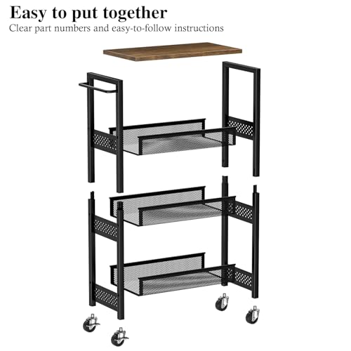 Utility Slim Storage Cart, 4 Tier Small Rolling Kitchen Laundry Room Cart with Wood Top, Metal Narrow Bathroom Storage Cabinet Mobile Shelf Unit Organizer Trolley with Handle for Narrow Space - Image 17
