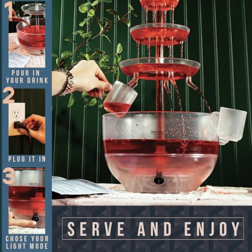 Kusini Drink Fountain for Parties – 1.5 Gal, 3 Tier Punch Bowl Champagne Tower, LED Base, 4 Reusable Cups – Drink Tower Machine for Soda, Juice, Mimosa, Pani Puri Fountain for Party Hosting Supplies - Image 4