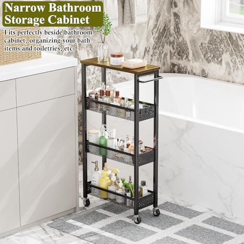 Utility Slim Storage Cart, 4 Tier Small Rolling Kitchen Laundry Room Cart with Wood Top, Metal Narrow Bathroom Storage Cabinet Mobile Shelf Unit Organizer Trolley with Handle for Narrow Space - Image 24
