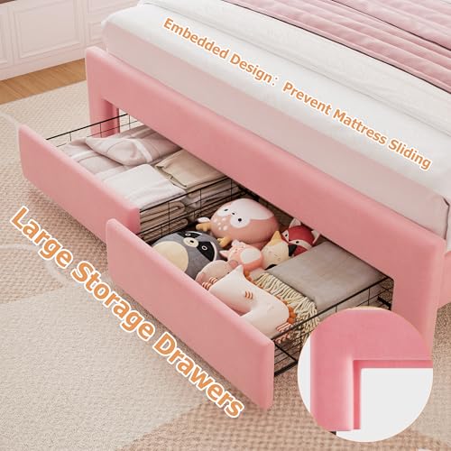 Twin Upholstered LED Bed Frame with Storage Drawer and Adjustable Chic Double Wavy Headboard, Velvet Princess Platform Bed for Kids/Girls, Solid Wood Slats Support, No Box Spring Needed, Beige - Image 27