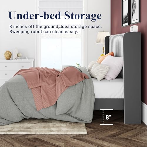 Allewie Queen Size Velvet Bed Frame/Vertical Channel Tufted Wingback Headboard/Upholstered Platform Bed/Strong Wooden Slats/No Box Spring Needed/Easy Assembly/Black - Image 38
