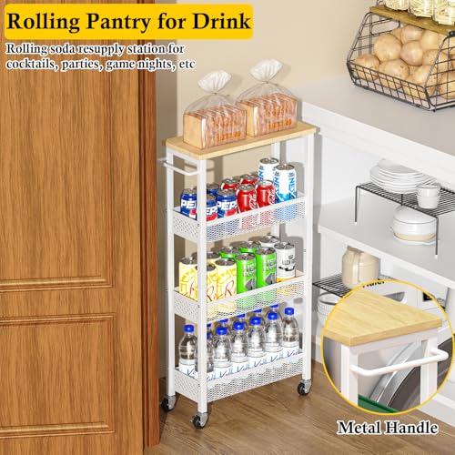 Utility Slim Storage Cart, 4 Tier Small Rolling Kitchen Laundry Room Cart with Wood Top, Metal Narrow Bathroom Storage Cabinet Mobile Shelf Unit Organizer Trolley with Handle for Narrow Space - Image 7