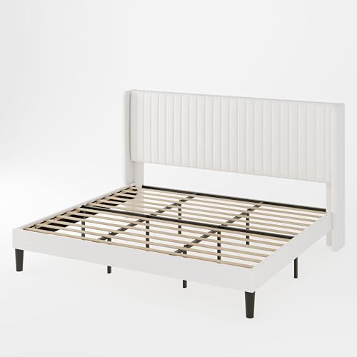 Allewie Queen Size Velvet Bed Frame/Vertical Channel Tufted Wingback Headboard/Upholstered Platform Bed/Strong Wooden Slats/No Box Spring Needed/Easy Assembly/Black - Image 89