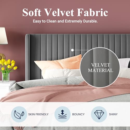 Allewie Queen Size Velvet Bed Frame/Vertical Channel Tufted Wingback Headboard/Upholstered Platform Bed/Strong Wooden Slats/No Box Spring Needed/Easy Assembly/Black - Image 36