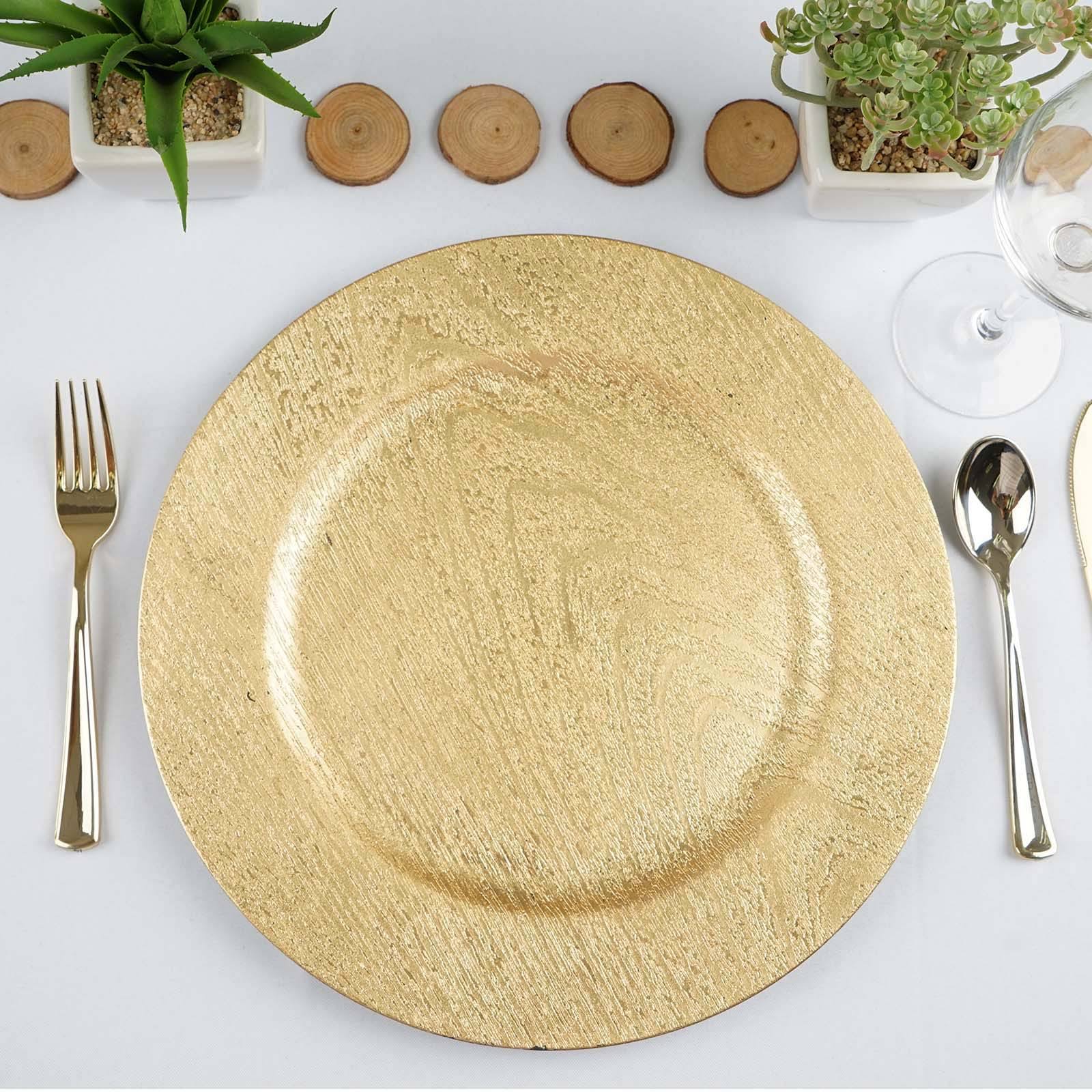 Balsacircle 24 Pcs 13 in Gold Wooden Textured Round Charger Plates – Dinner Party Wedding Supplies for All Holidays - Image 2
