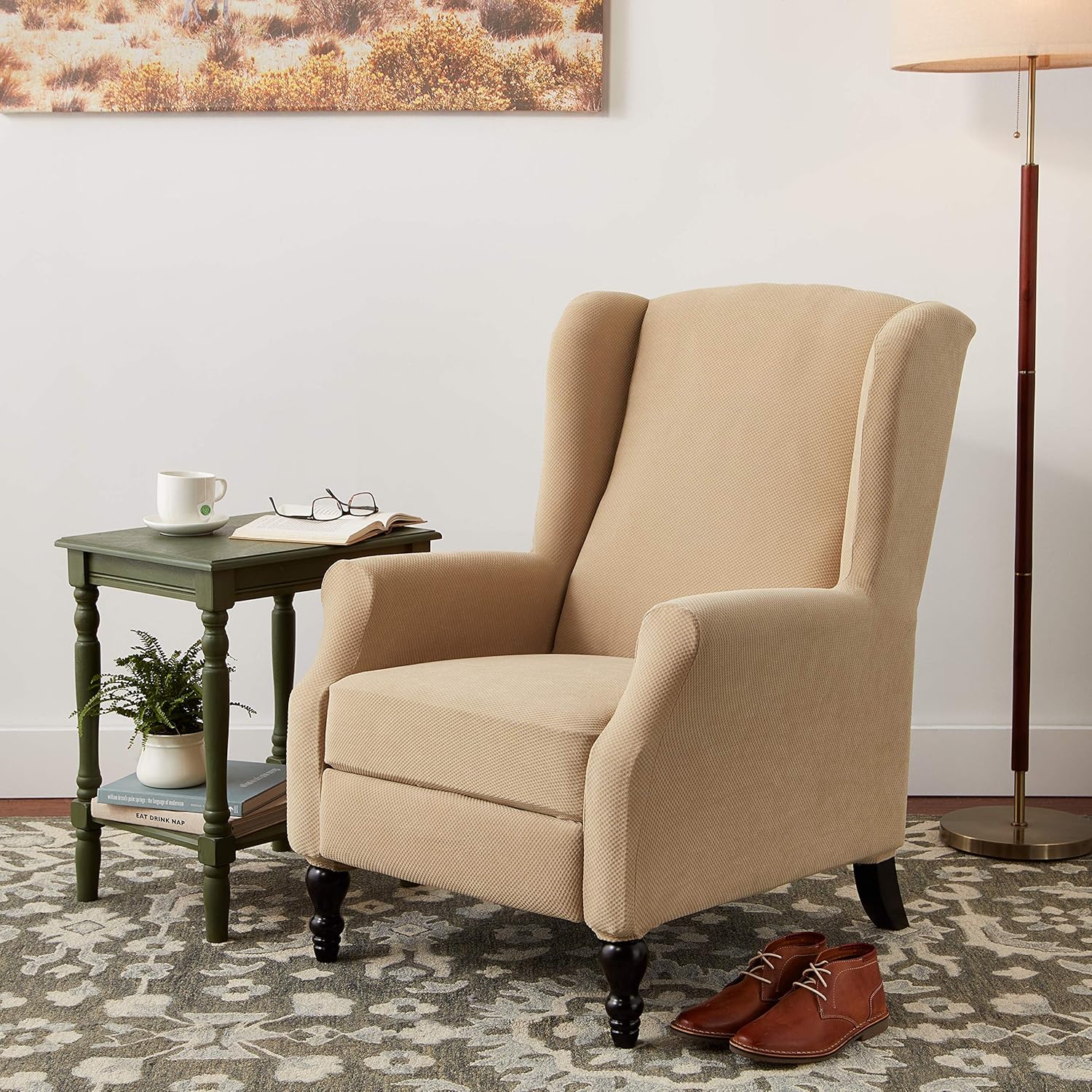 SureFit Home D??cor SF38684 Stretch Pique Box Cushion Recliner Wingback Chair Slipcover, Form Fit, Polyester/Spandex, Machine Washable, Two Piece, Cream Color - Image 10
