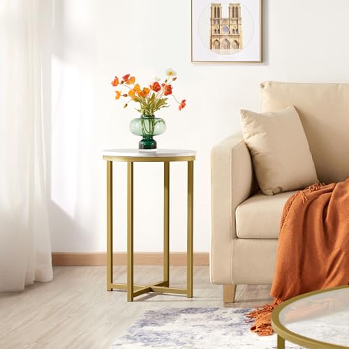 Yaheetech Faux Marble Side Table, 16in End Table Modern Accent Sofa Table w/X-Based, Round Tabletop, Sturdy Metal Legs for Living Room, Black - Image 7