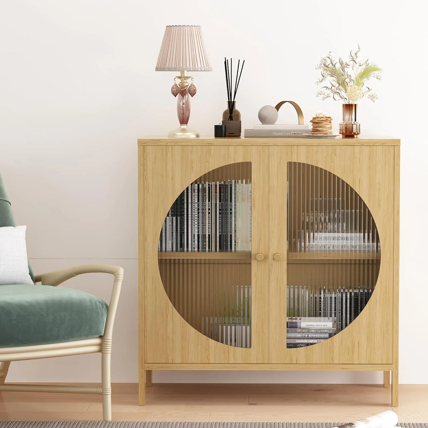 QCAI Sideboard Cabinet,Buffet Cabinet with Storage, Accent Storage Cabinet with Glass Doors, Cupboard Console Table for Living Room, Hallway, Dining Room, Entryway, 31.5X 15.7X 31.5 Inches - Image 3