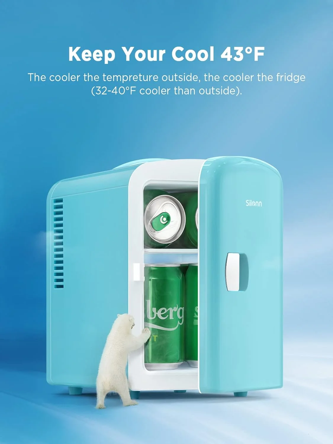 Silonn Mini Fridge, Portable Skin Care Fridge, 4 L/6 Can Cooler and Warmer Small Refrigerator with Eco Friendly for Home, Office, Car and College Dorm Room, Compact Refrigerator and Teal (SLRE01G1) - Image 4
