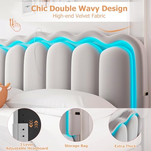 Twin Upholstered LED Bed Frame with Storage Drawer and Adjustable Chic Double Wavy Headboard, Velvet Princess Platform Bed for Kids/Girls, Solid Wood Slats Support, No Box Spring Needed, Beige - Image 59