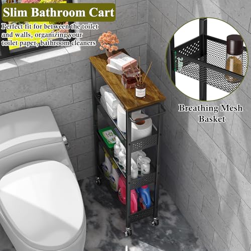 Utility Slim Storage Cart, 4 Tier Small Rolling Kitchen Laundry Room Cart with Wood Top, Metal Narrow Bathroom Storage Cabinet Mobile Shelf Unit Organizer Trolley with Handle for Narrow Space - Image 22