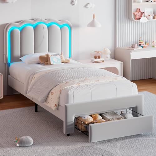 Twin Upholstered LED Bed Frame with Storage Drawer and Adjustable Chic Double Wavy Headboard, Velvet Princess Platform Bed for Kids/Girls, Solid Wood Slats Support, No Box Spring Needed, Beige - Image 61